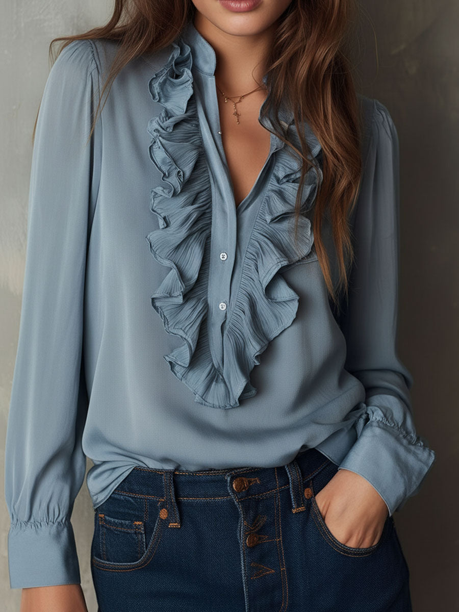 Dusty Blue Ruffle Front V-Neck Button Chiffon Blouse