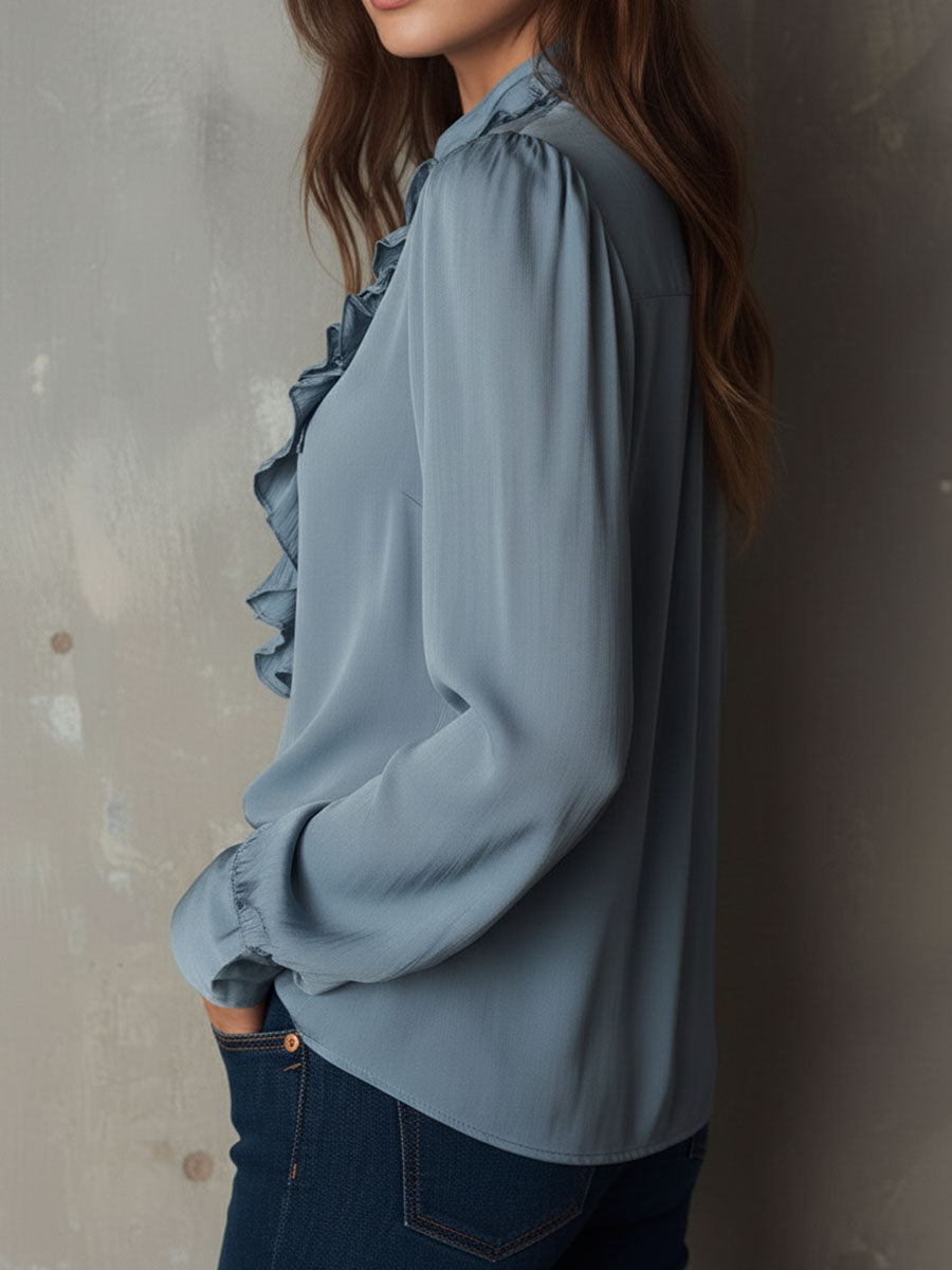 Dusty Blue Ruffle Front V-Neck Button Chiffon Blouse