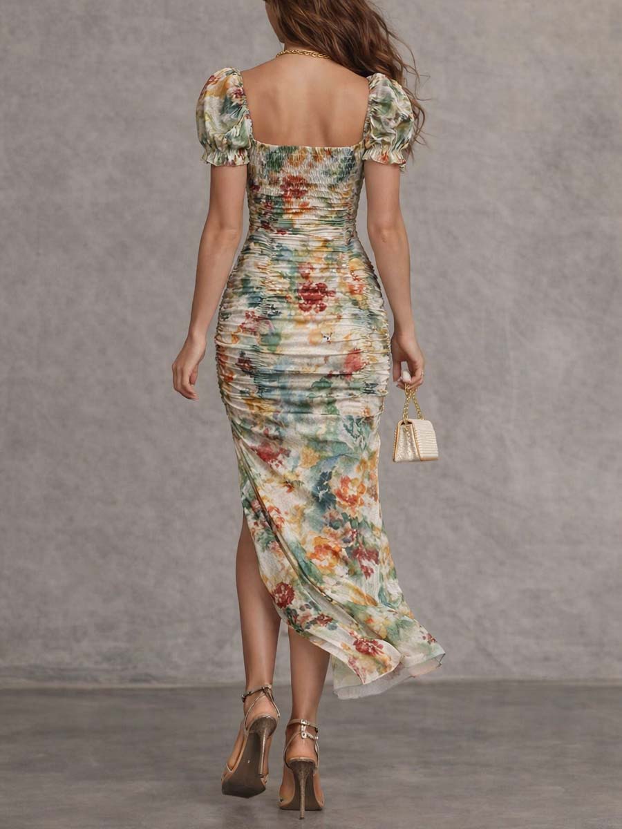 Retro And Elegant Floral Ruched Square-Neck Midi Dress