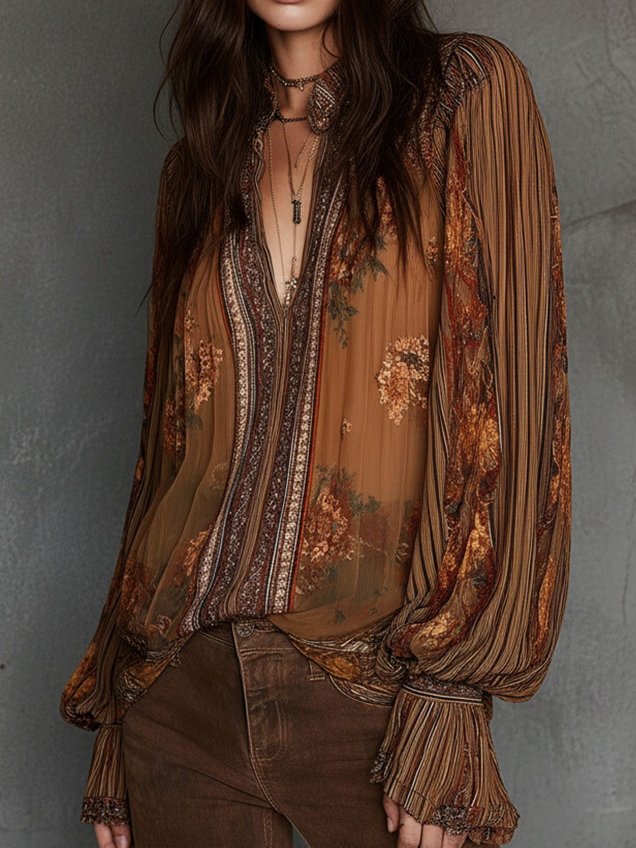 Vintage Boho Sheer Floral Blouse With Billowy Sleeves