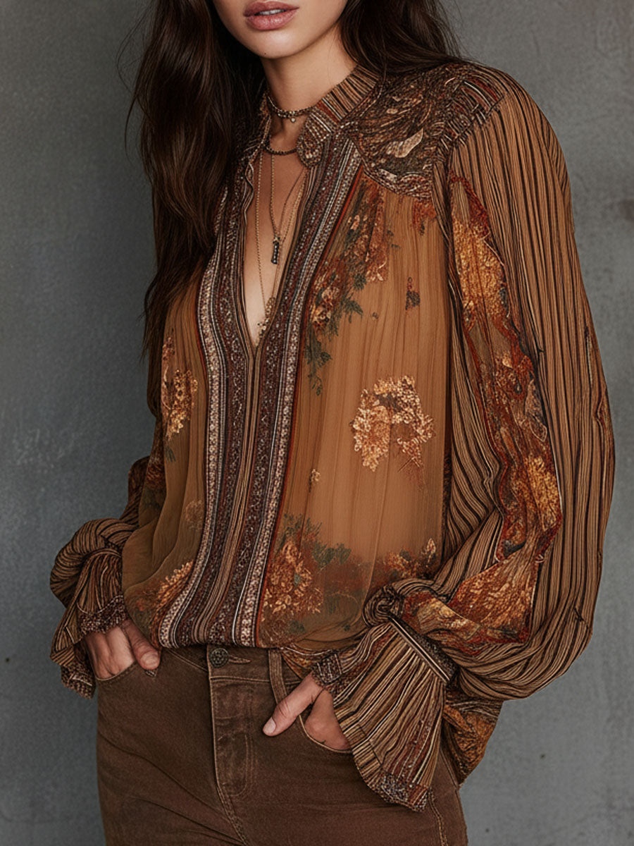 Vintage Boho Sheer Floral Blouse With Billowy Sleeves