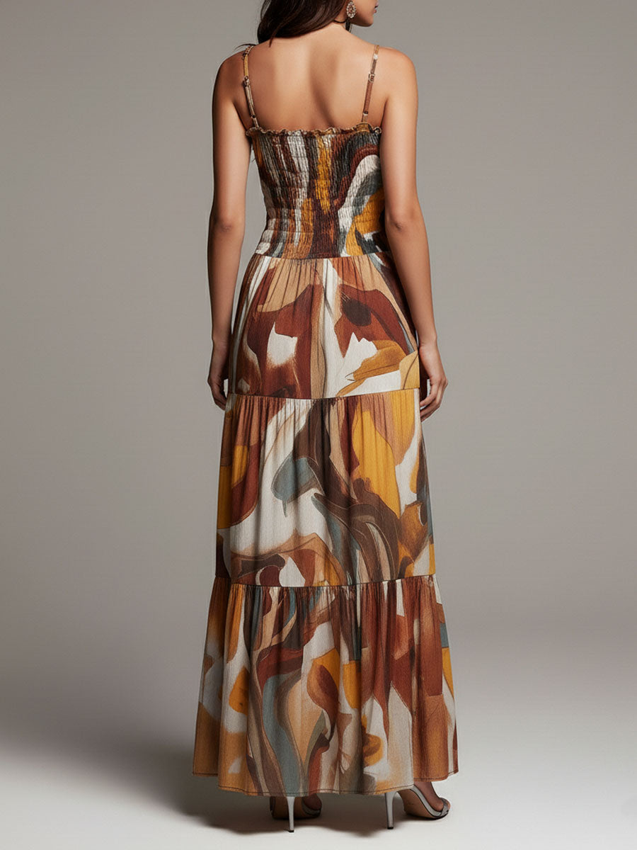 Boho Abstract Multicolor Smocked Bodice Maxi Dress