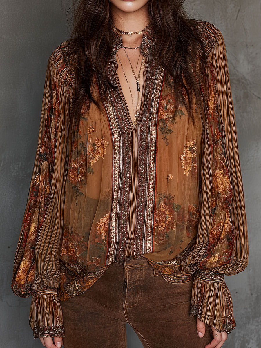 Vintage Boho Sheer Floral Blouse With Billowy Sleeves