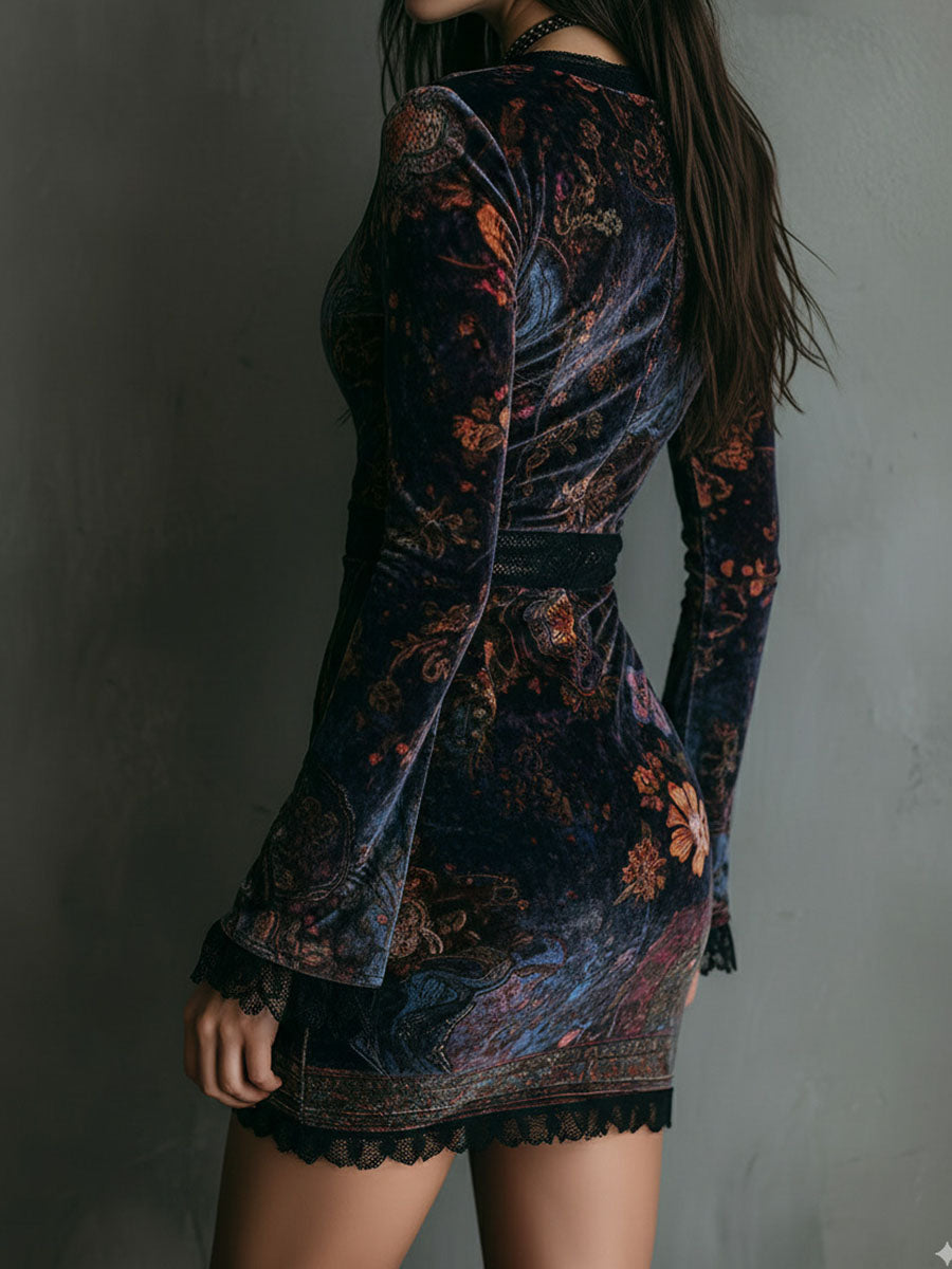 Boho Floral Print V-Neck Velvet Bodycon Mini Dress With Lace Trim