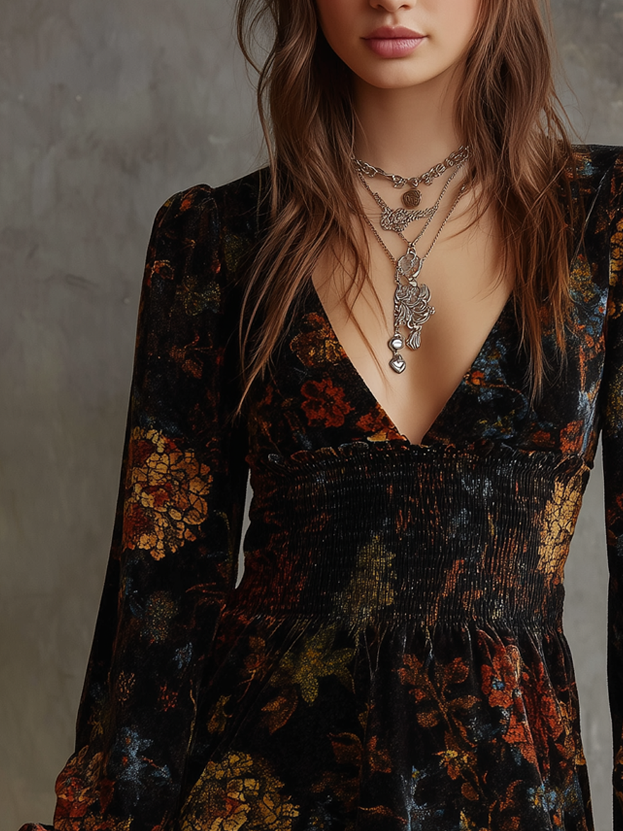 Retro Floral Print Pleated Waist Velvet Mini Dress
