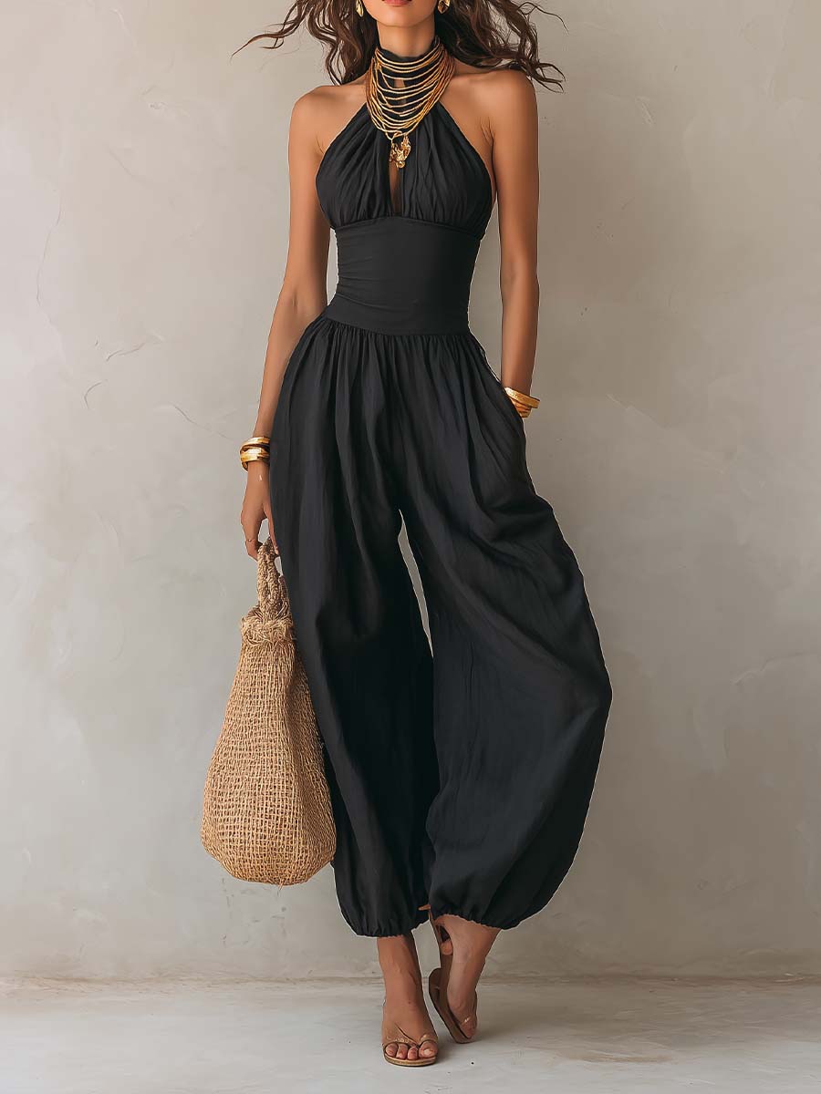 Bohemian Halter Keyhole Balloon-Leg Jumpsuit