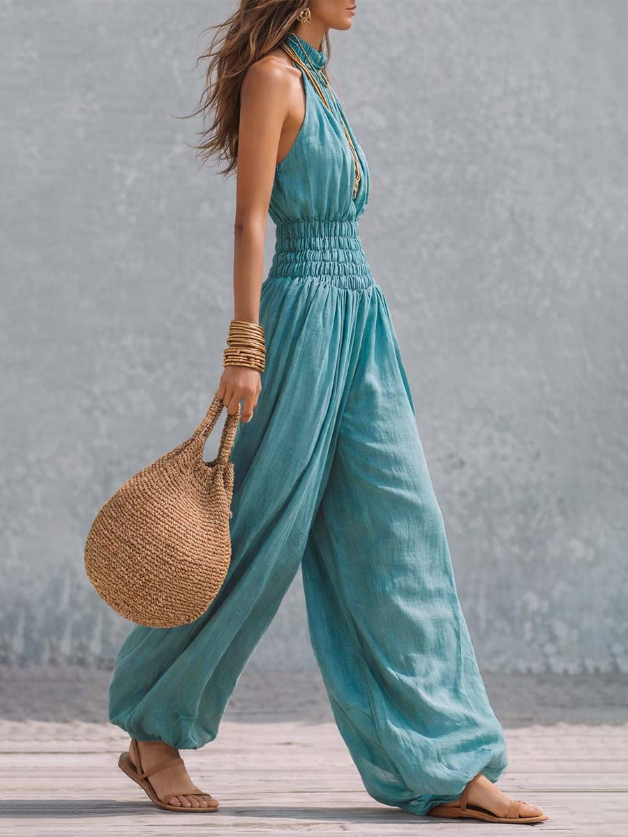 Bohemian Cotton-Linen Halter Smocked Balloon-Leg Jumpsuit