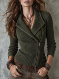 Boho Ribbed Knit Asymmetric Zip Moto Sweater