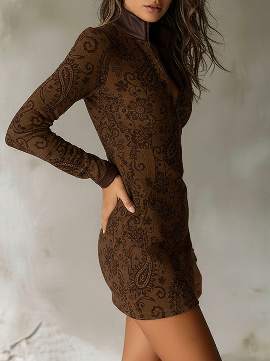 Vintage Zipper Paisley Jacquard Mini Dress With Leather Trim