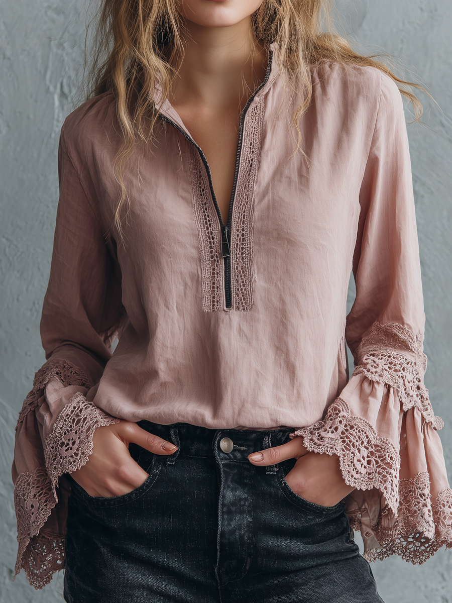 Vintage Zipper Collar Lace Cuffs Long Sleeve Blouse