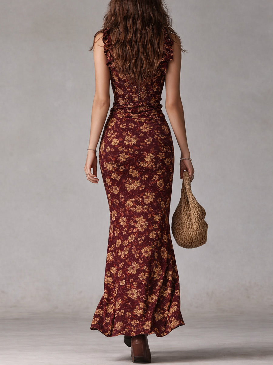 Boho Retro Ruffled Sleeves High Slit Maxi Dress