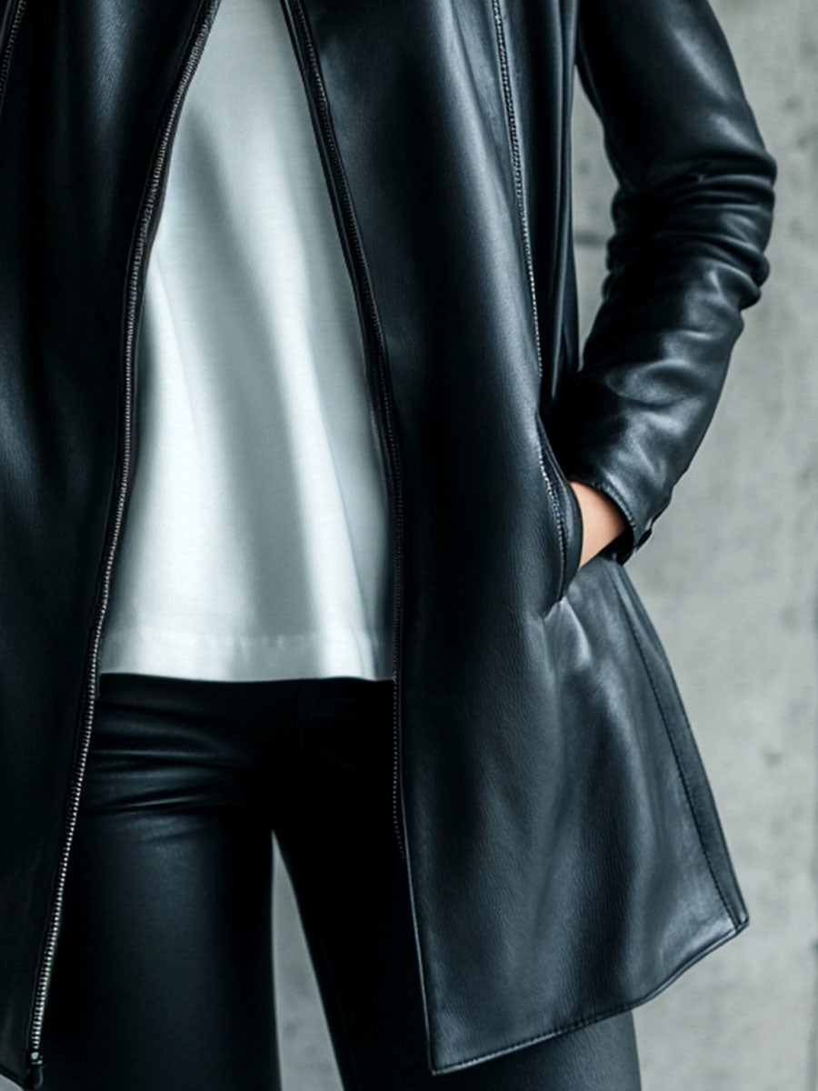 Women Simple Lapel Solid Color Faux Leather Jacket