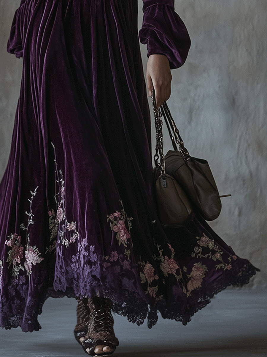 Vintage Floral Embroidered Velvet Maxi Dress