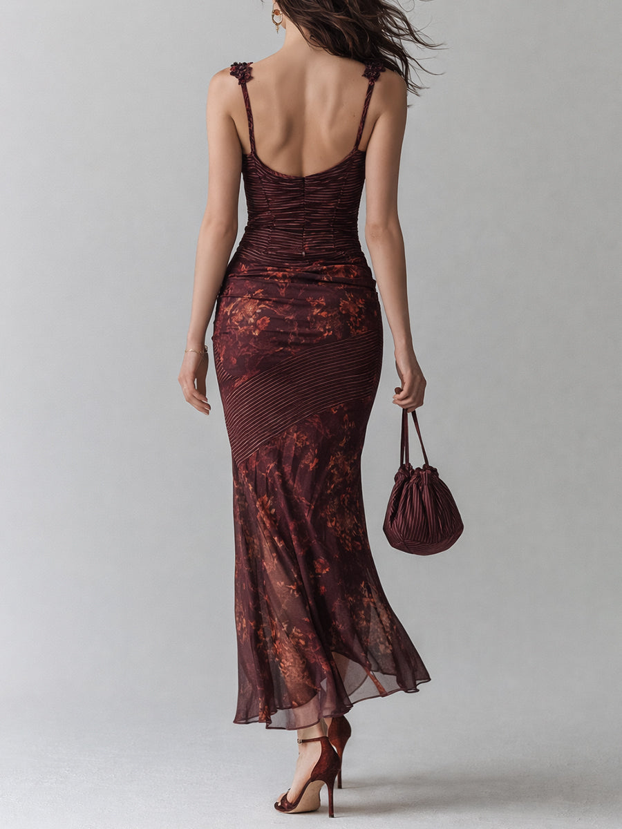Retro Striped Flower Splicing Suspender Maxi Dress