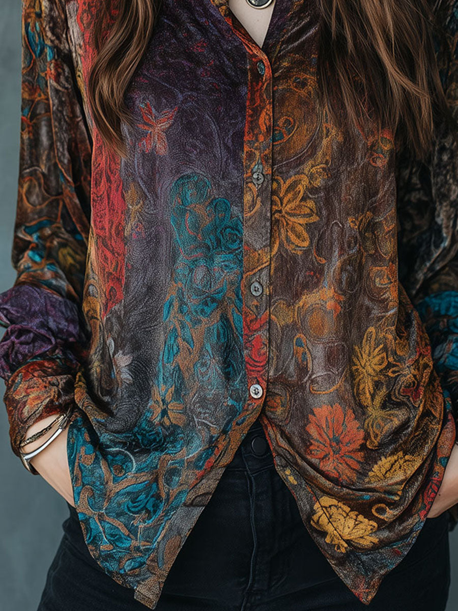 Boho Floral Print Velvet Long Sleeve Button Down Shirt