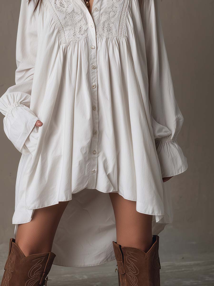 Retro-style Lace Irregular Hem Long-sleeved Mini Dress