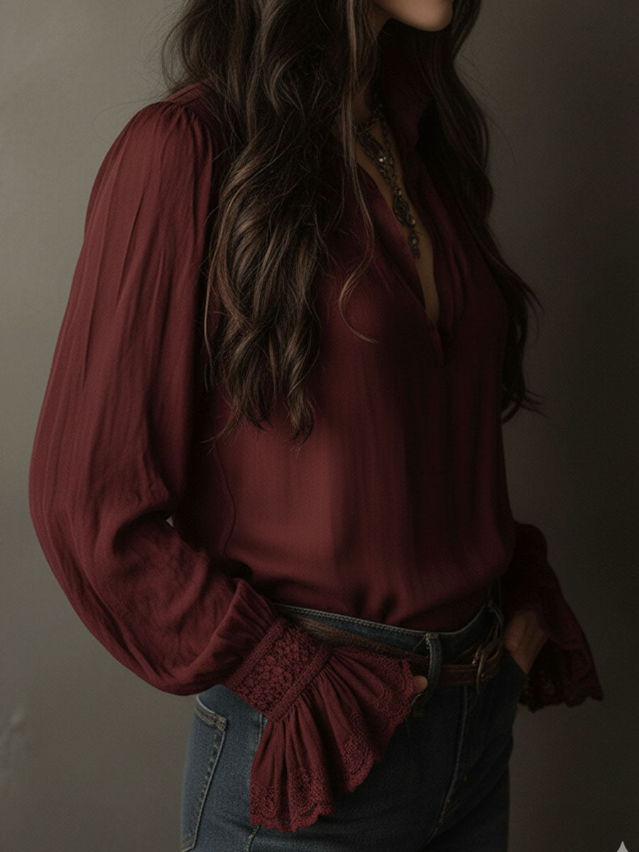 Boho V-Neck Deep Wine Red Blouse With Lace Cuffs