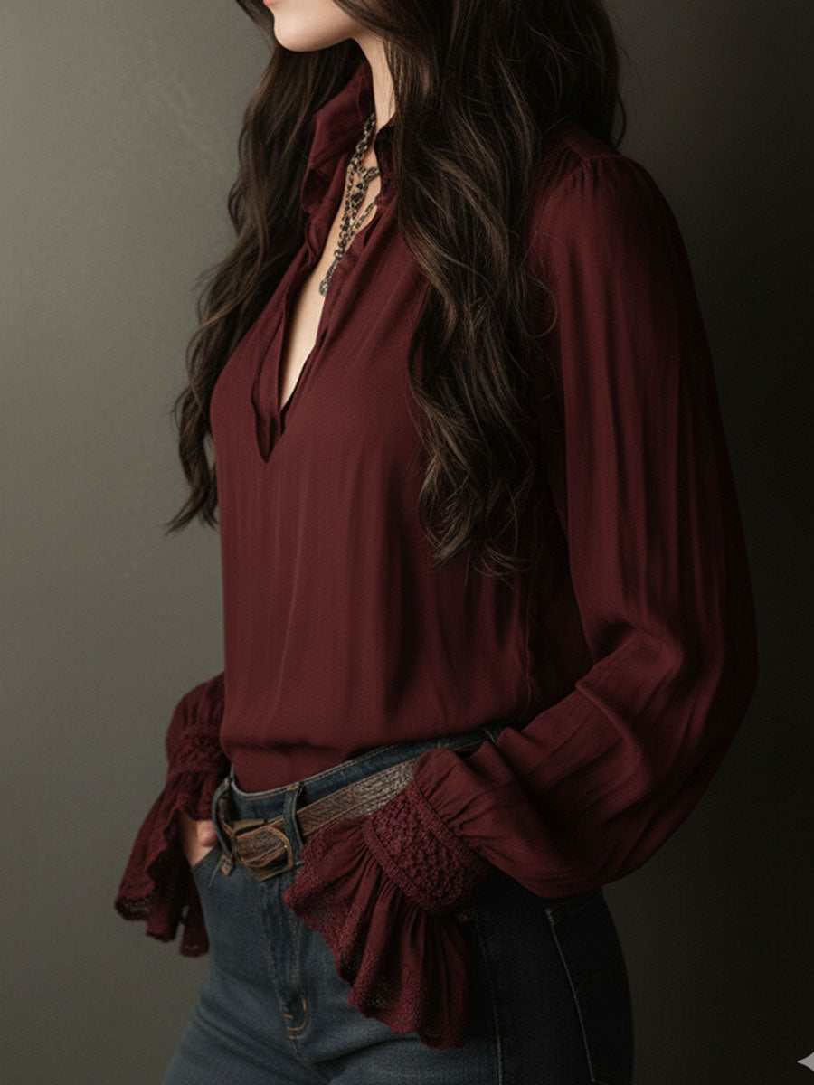 Boho V-Neck Deep Wine Red Blouse With Lace Cuffs