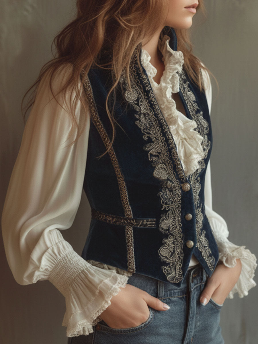 Vintage Baroque Navy Blue Velvet Embroidered Vest