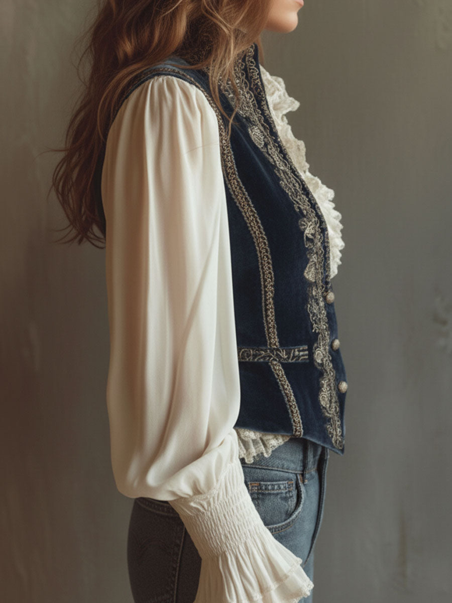 Vintage Baroque Navy Blue Velvet Embroidered Vest
