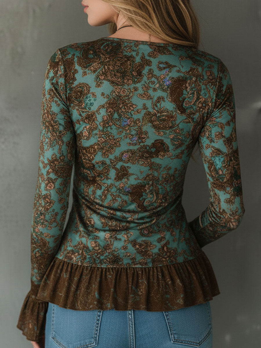Boho Sage And Bronze Floral Ruched Ruffle Hem Blouse
