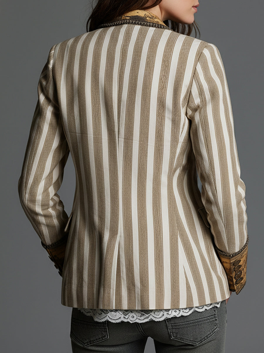 Bohemian Striped Cotton Blazer With Printed Lapels