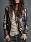 Bohemian Floral Print Cotton And Linen Striped Blazer