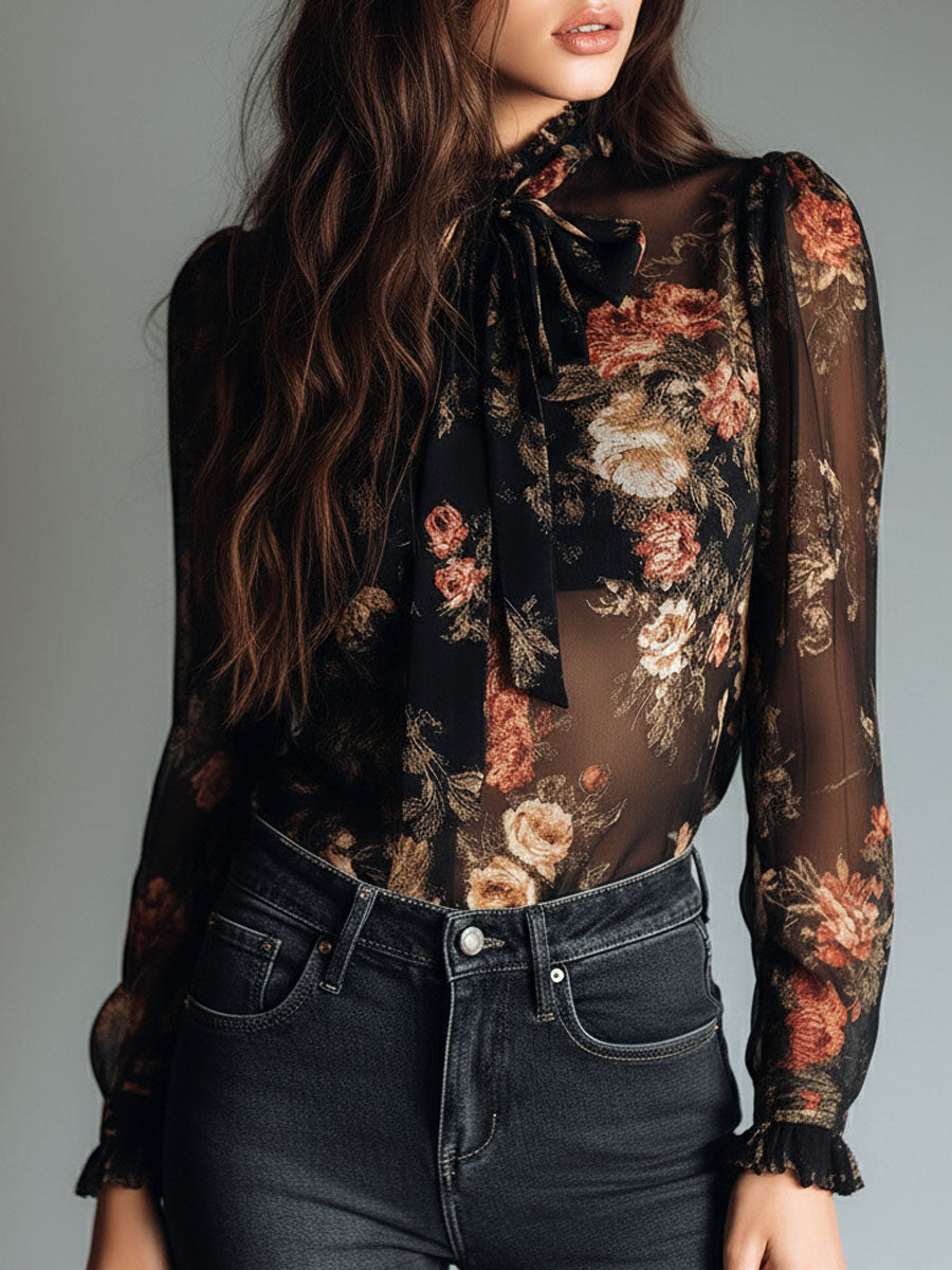 Vintage Black Sheer Chiffon Floral Tie Neck Blouse