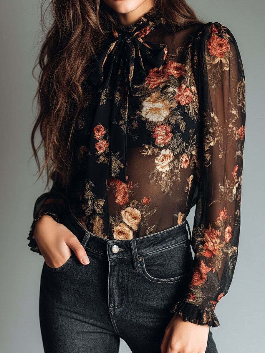 Vintage Black Sheer Chiffon Floral Tie Neck Blouse