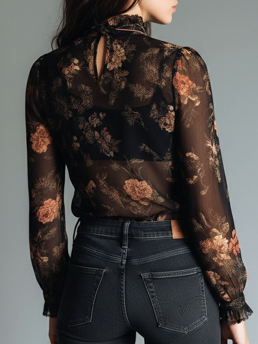 Vintage Black Sheer Chiffon Floral Tie Neck Blouse