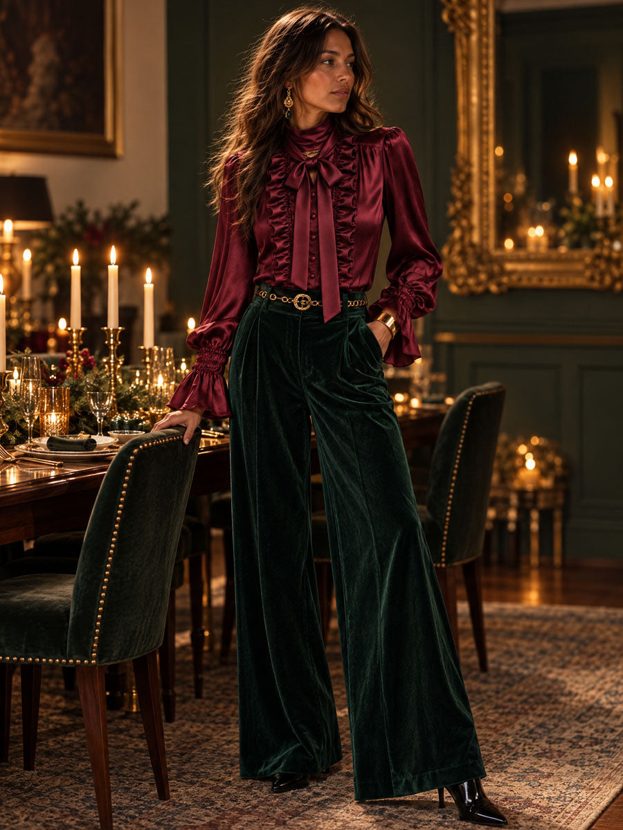 Women's Satin Bow Tie Neck Ruffle Trim Blouse with Bishop Sleeves