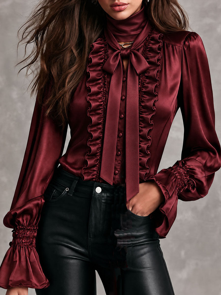 Women's Satin Bow Tie Neck Ruffle Trim Blouse with Bishop Sleeves