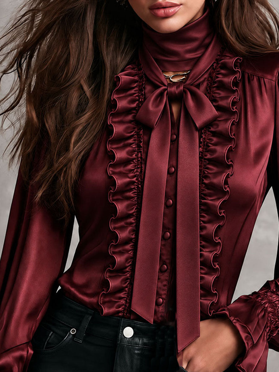 Women's Satin Bow Tie Neck Ruffle Trim Blouse with Bishop Sleeves