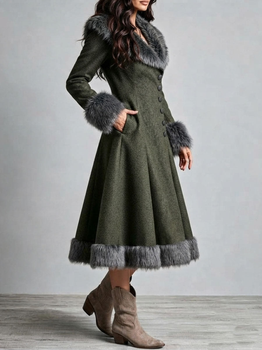 Boho Western Fur Trim Wool Fitted Waist Flare Skirt Long Dress Coat