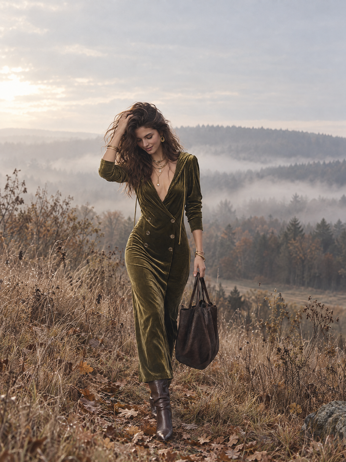 Elegant Olive Green Double-Breasted Maxi Dress