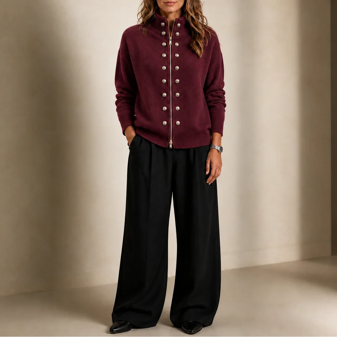 Plot Twist – Double-Button High-Neck Knit Cardigan