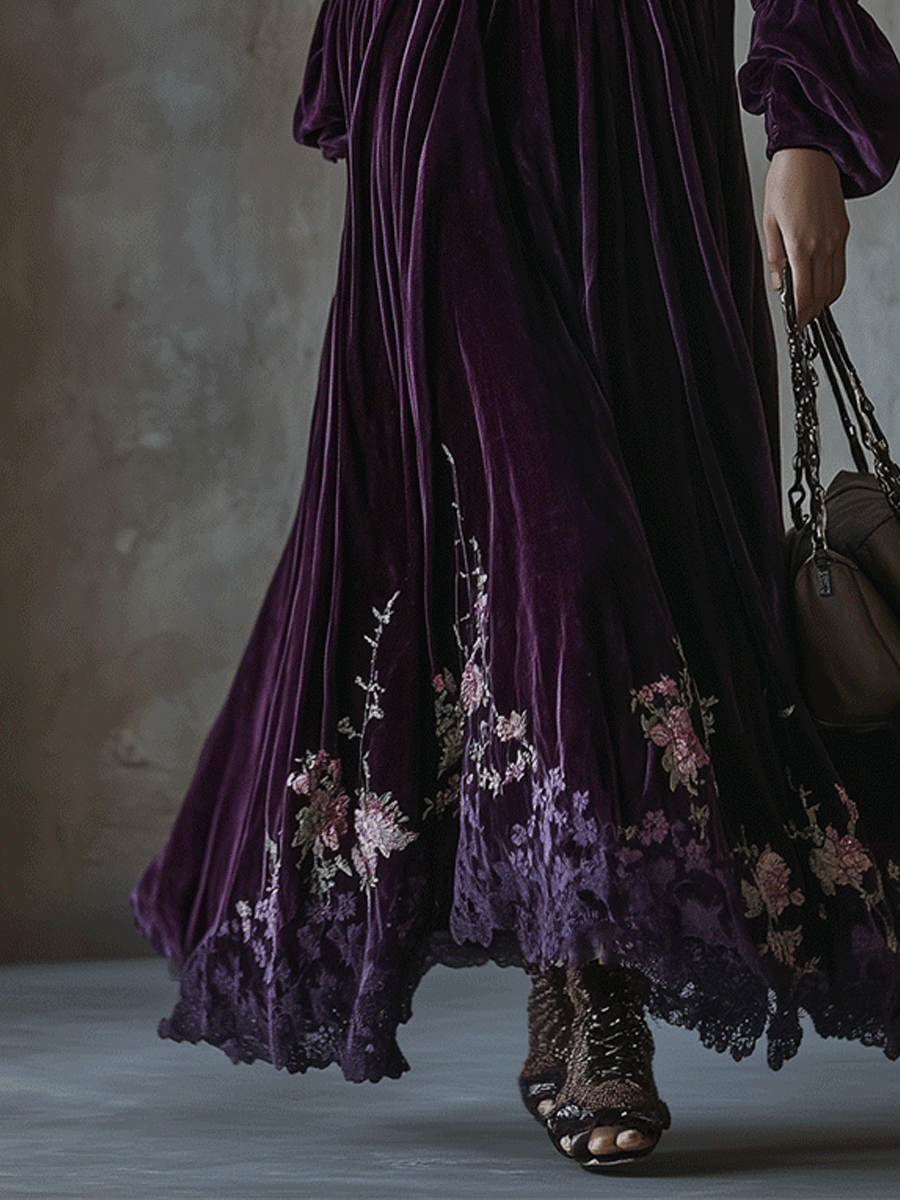 Vintage Floral Embroidered Velvet Maxi Dress