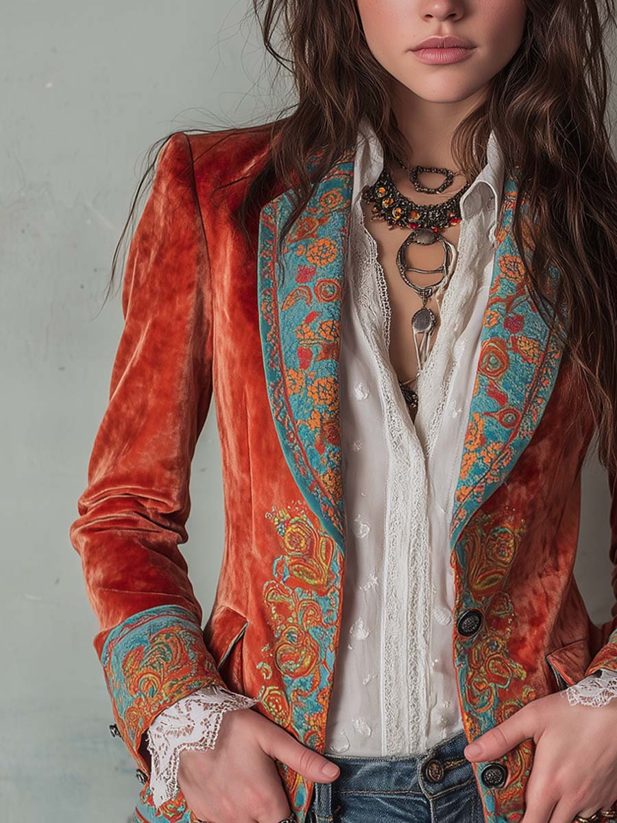 Retro Contrast Color Polyester Velvet Printed Blazer