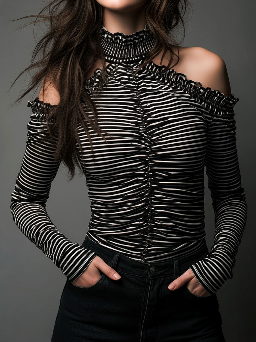 Classic High Neck Striped Cold-Shoulder Ruched Top