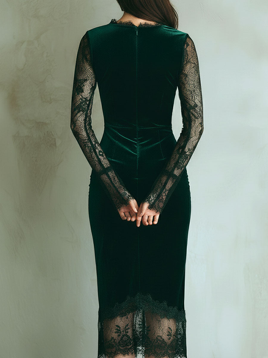 Elegant Green Velvet Long Sleeve Lace Midi Dress