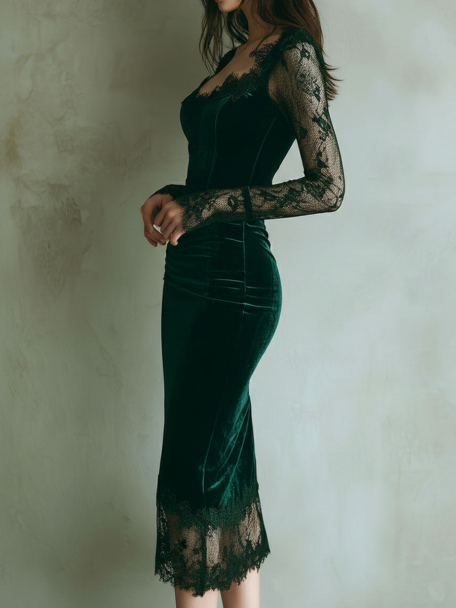 Elegant Green Velvet Long Sleeve Lace Midi Dress