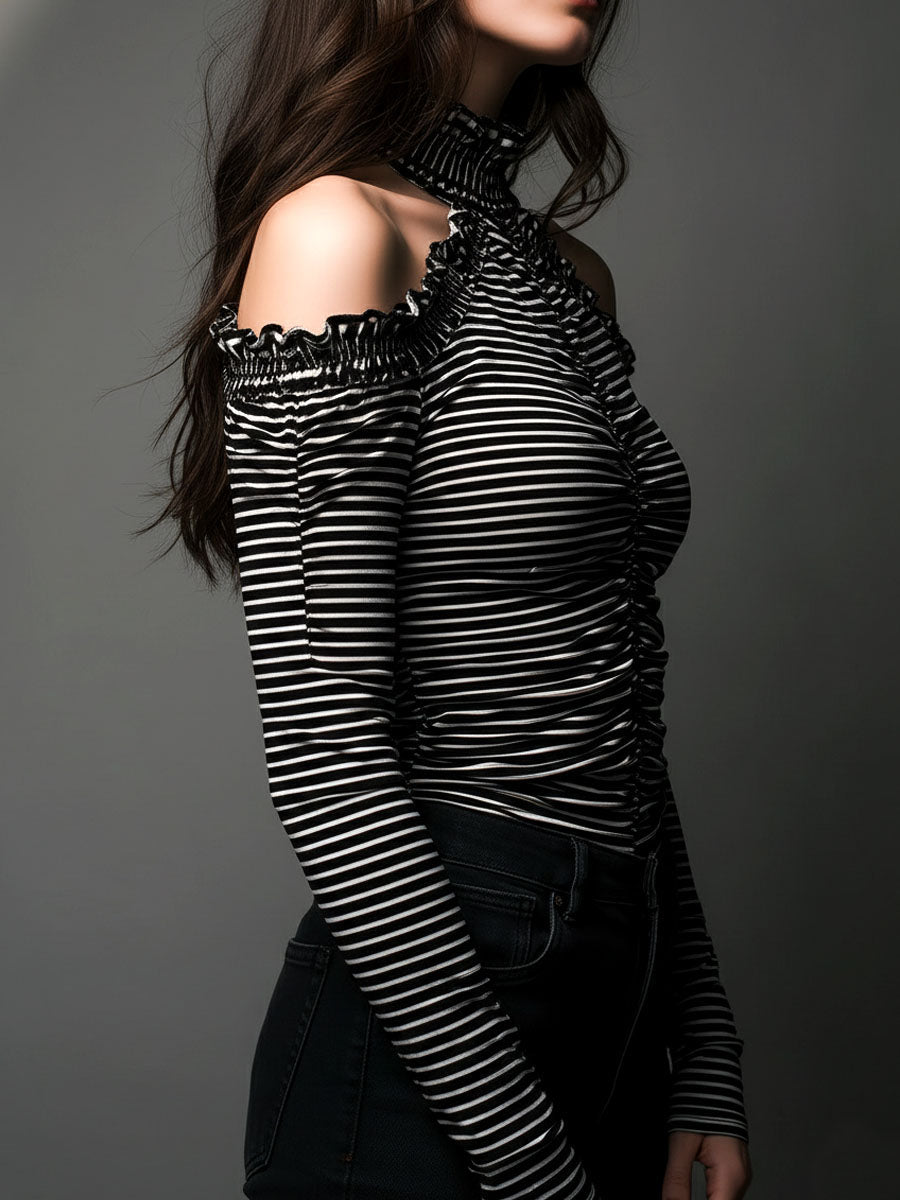Classic High Neck Striped Cold-Shoulder Ruched Top