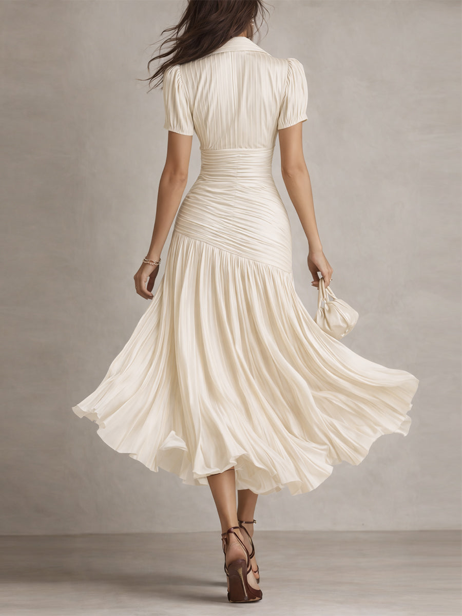 Retro Striped Satin Pleated Bodycon Midi Dress