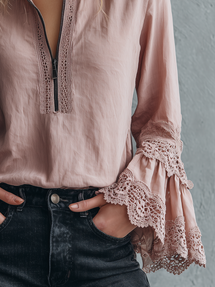 Vintage Zipper Collar Lace Cuffs Long Sleeve Blouse