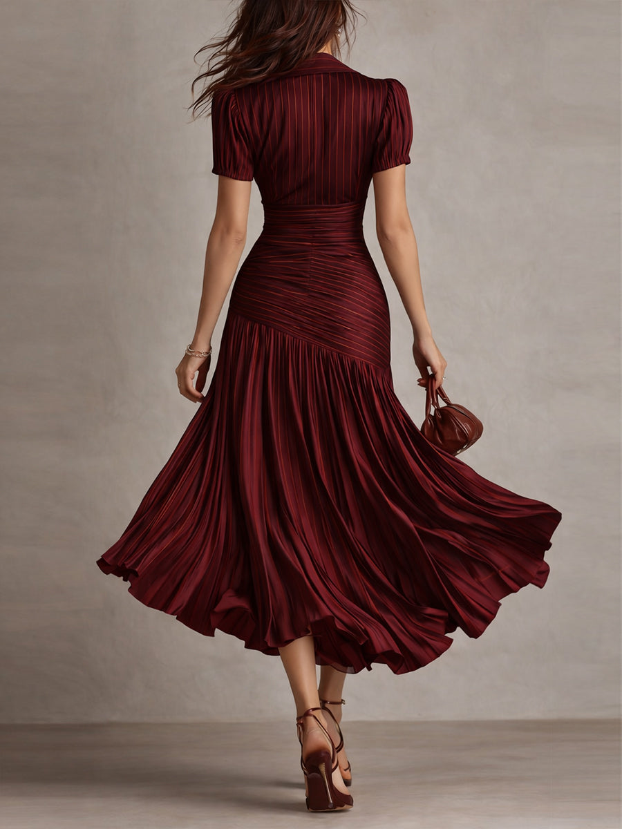 Retro Striped Satin Pleated Bodycon Midi Dress
