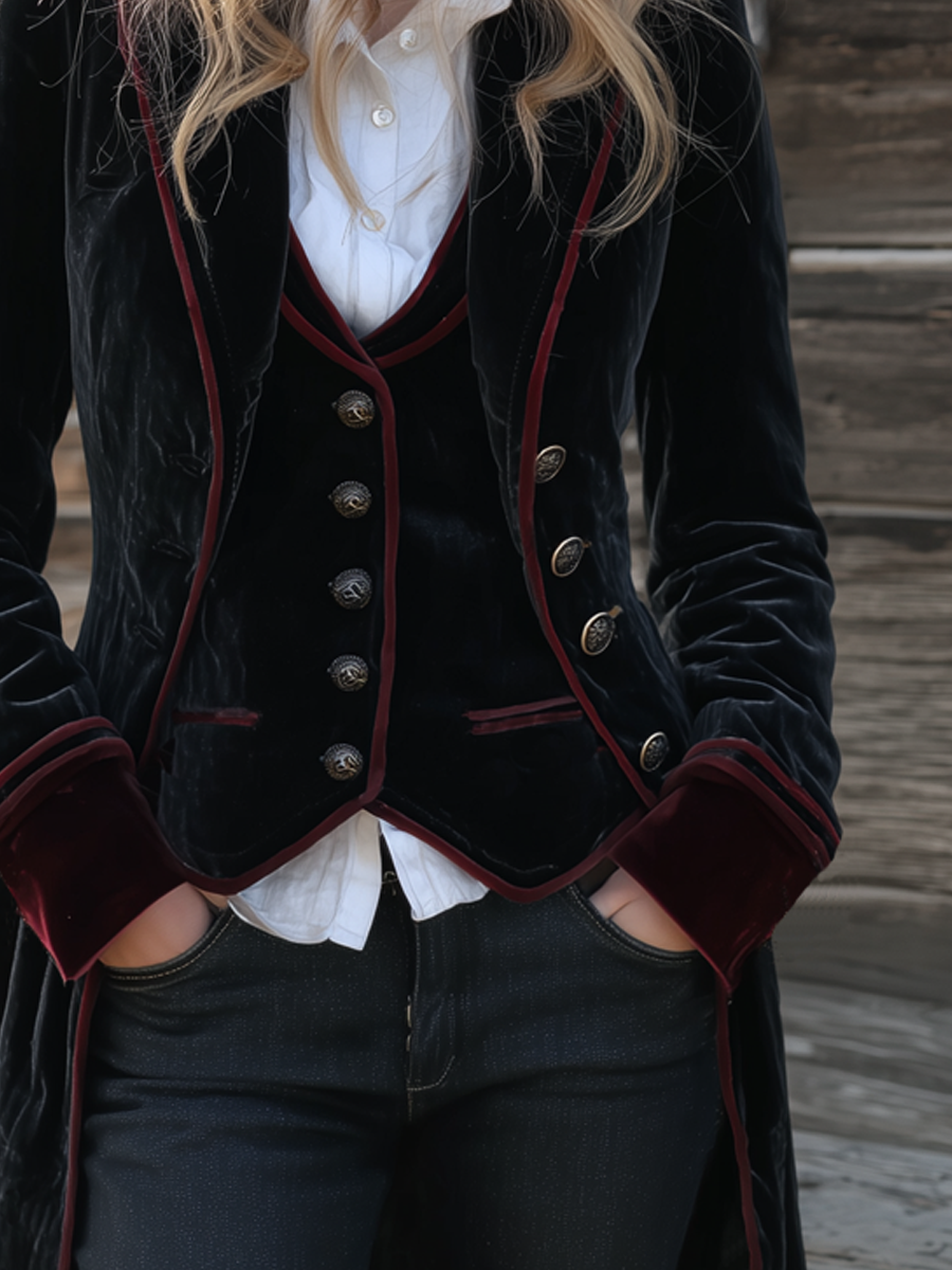 Vintage Contrast Trim Velvet Long Jacket