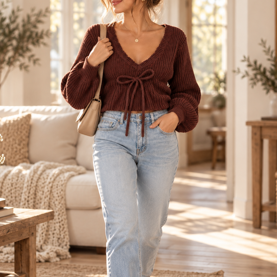 Vela Knit – Ribbed V-Neck Drawstring Sweater