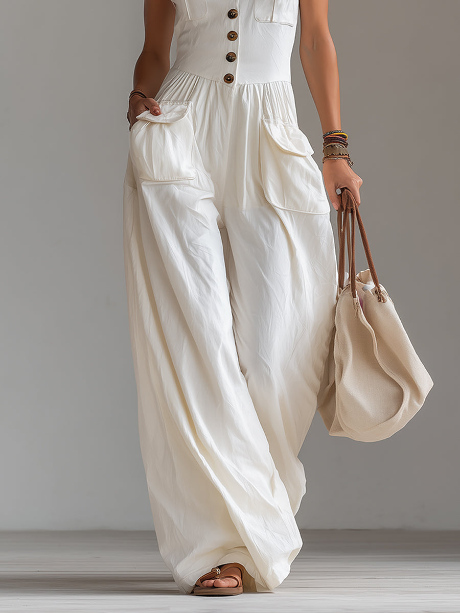 Casual Sleeveless Wide-leg Jumpsuit With Patch Pockets