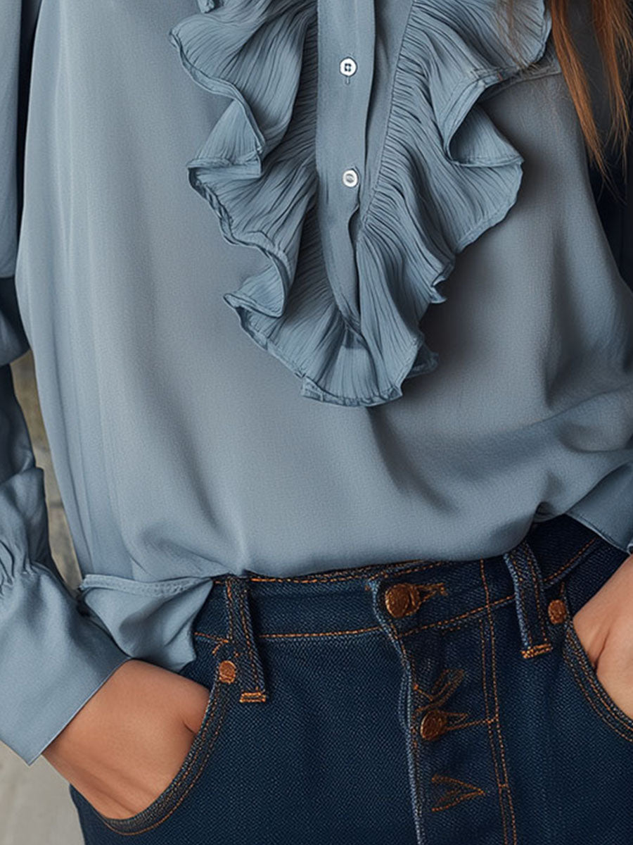 Dusty Blue Ruffle Front V-Neck Button Chiffon Blouse