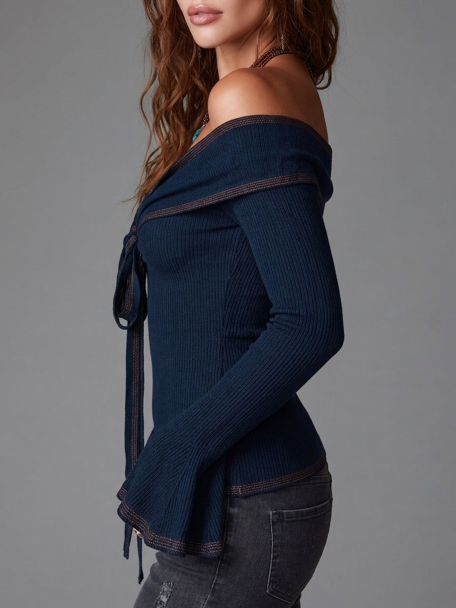 Bohemian Navy Tie Front Off Shoulder Knit Top